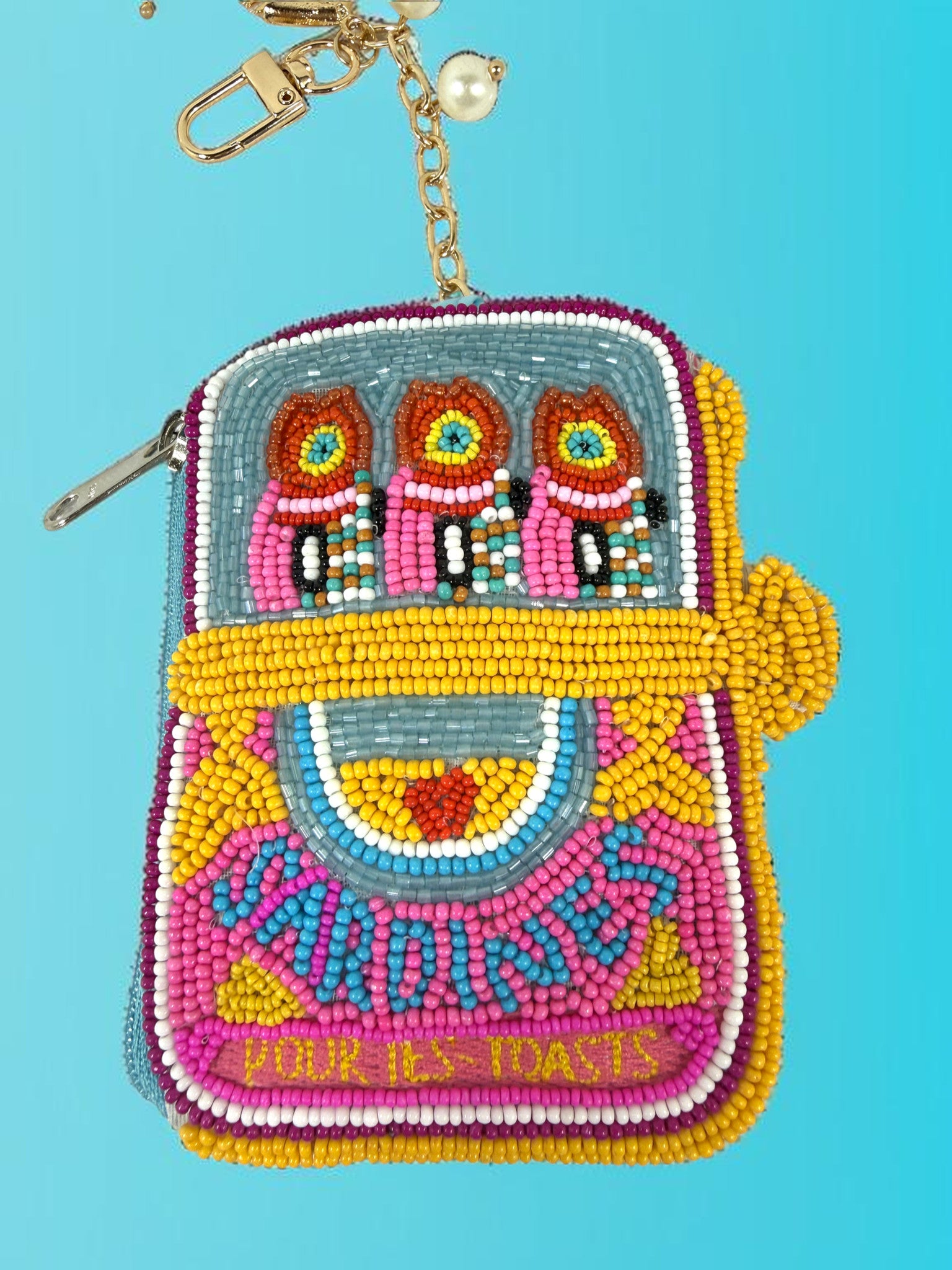 Blue Sardine Beaded Coin Purse Keychain — Handmade Seed Bead Bag Charm