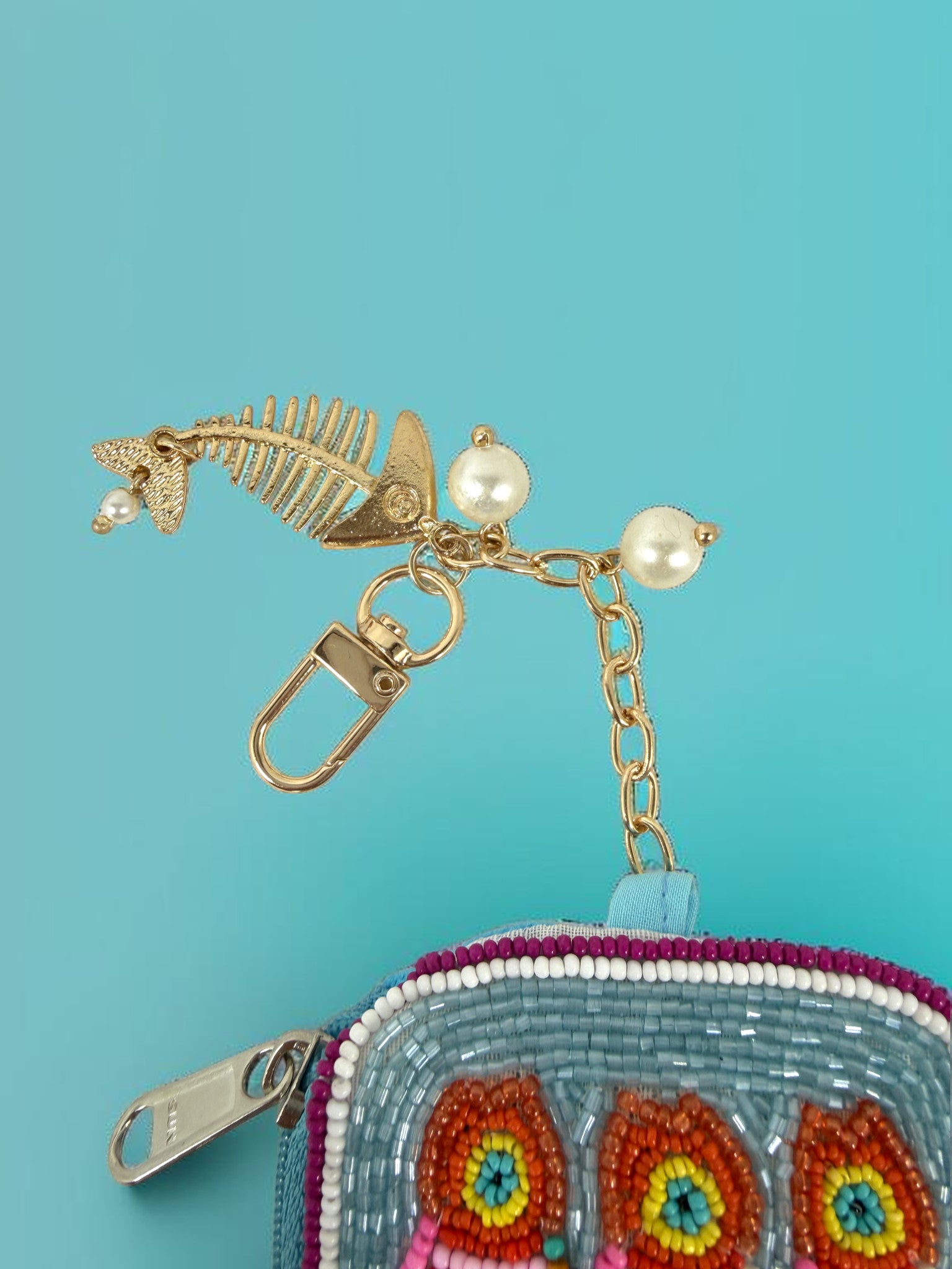 Blue Sardine Beaded Coin Purse Keychain — Handmade Seed Bead Bag Charm