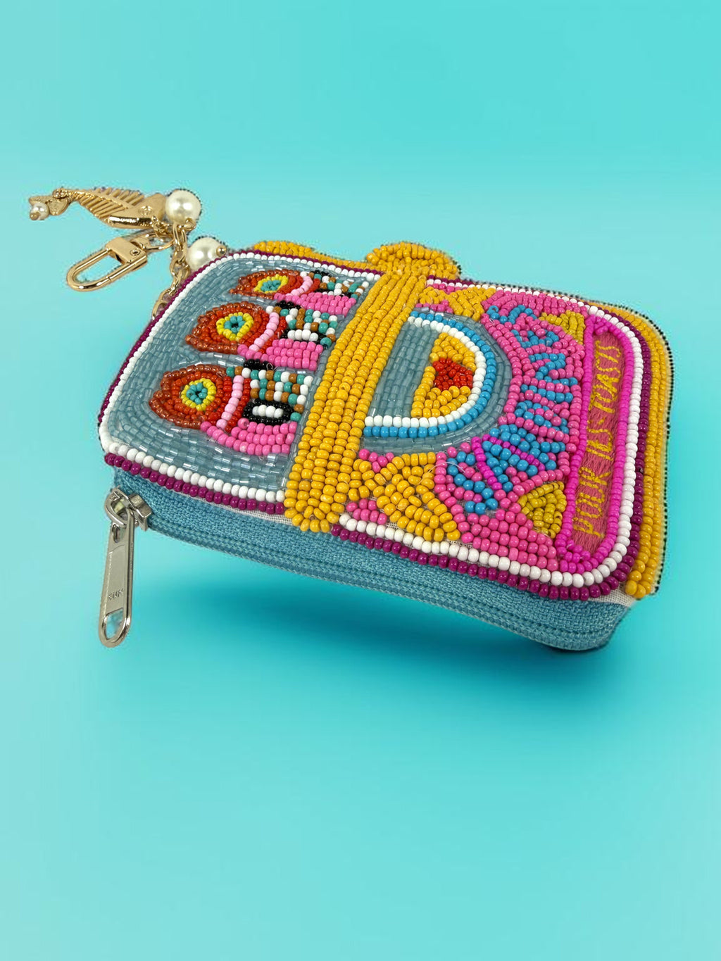 Blue Sardine Beaded Coin Purse Keychain — Handmade Seed Bead Bag Charm