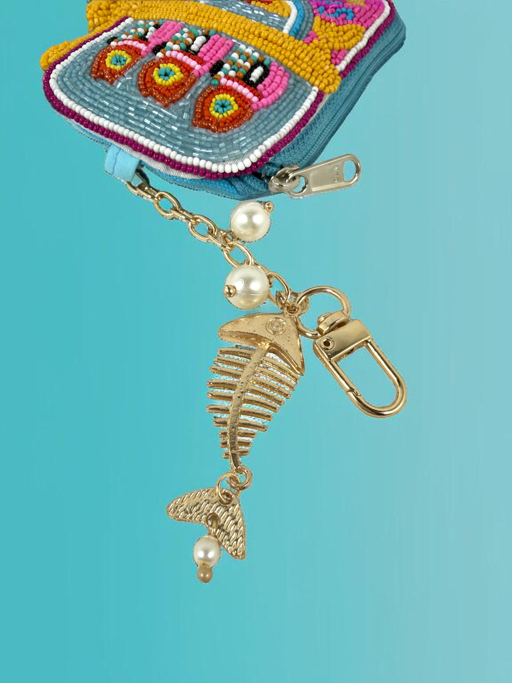 Blue Sardine Beaded Coin Purse Keychain — Handmade Seed Bead Bag Charm