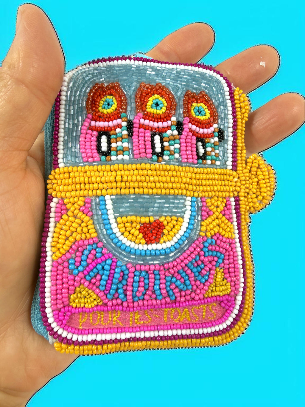 Blue Sardine Beaded Coin Purse Keychain — Handmade Seed Bead Bag Charm
