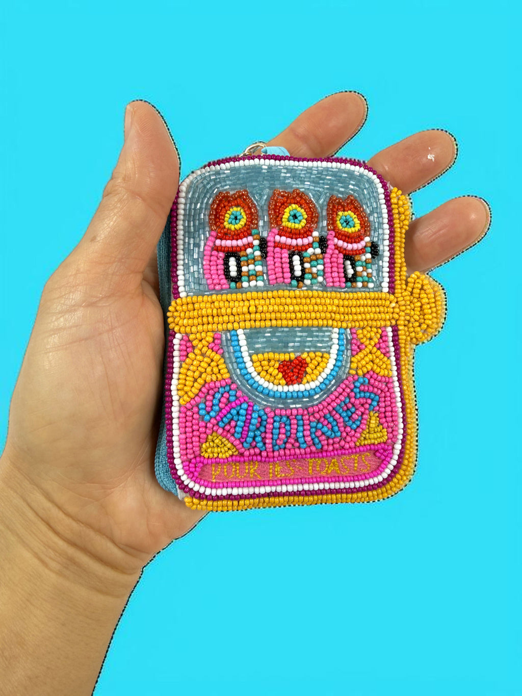Blue Sardine Beaded Coin Purse Keychain — Handmade Seed Bead Bag Charm