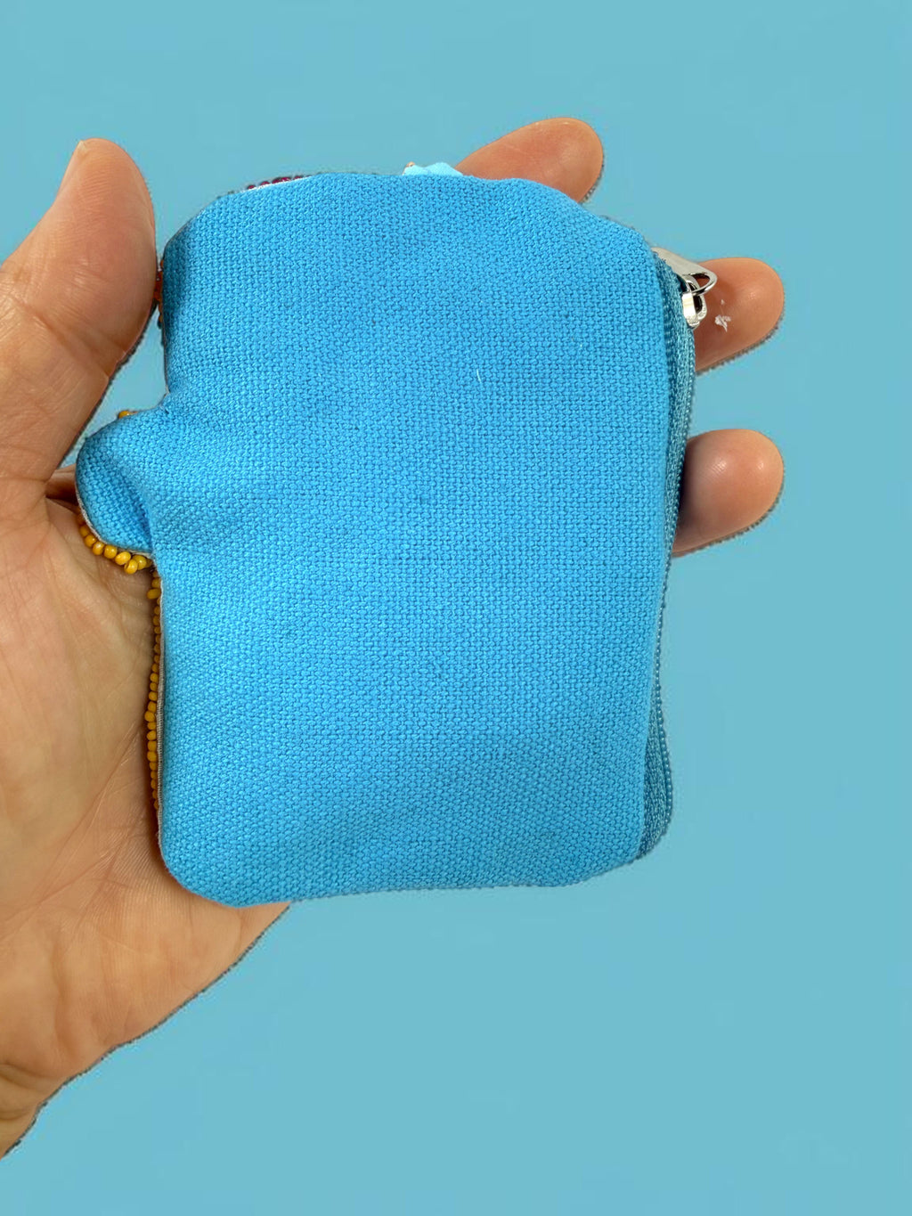 Blue Sardine Beaded Coin Purse Keychain — Handmade Seed Bead Bag Charm
