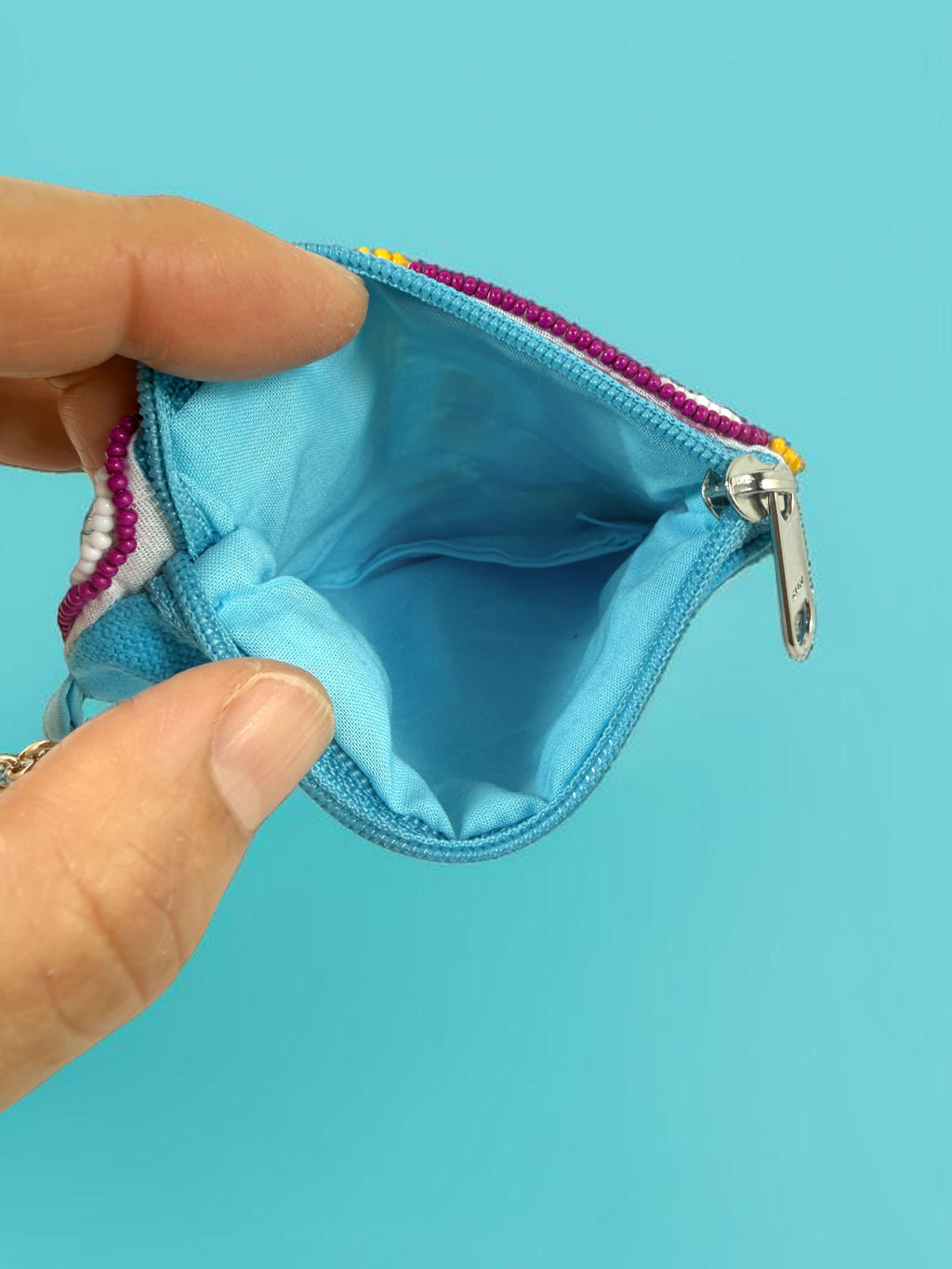 Blue Sardine Beaded Coin Purse Keychain — Handmade Seed Bead Bag Charm