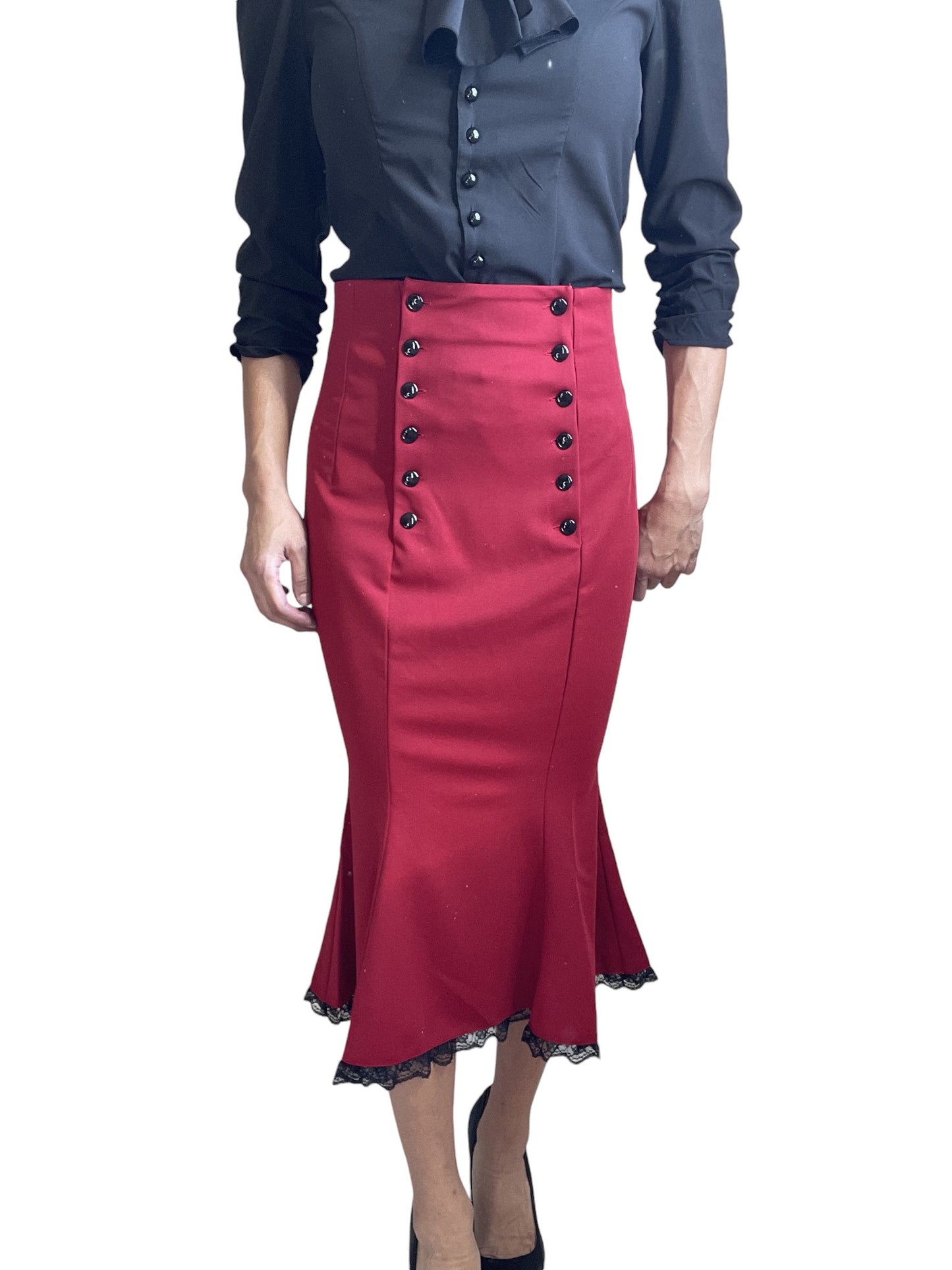Vintage Style Retro Sailor Double Button Red Peplum Pencil Midi Skirt - 1950s Red High Waist Wiggle Skirt Plus size