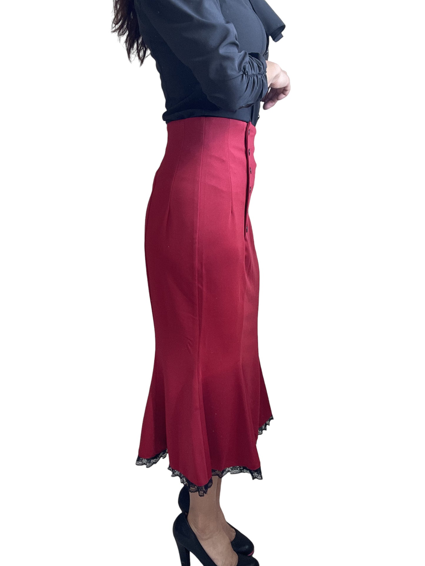 Vintage Style Retro Sailor Double Button Red Peplum Pencil Midi Skirt - 1950s Red High Waist Wiggle Skirt Plus size