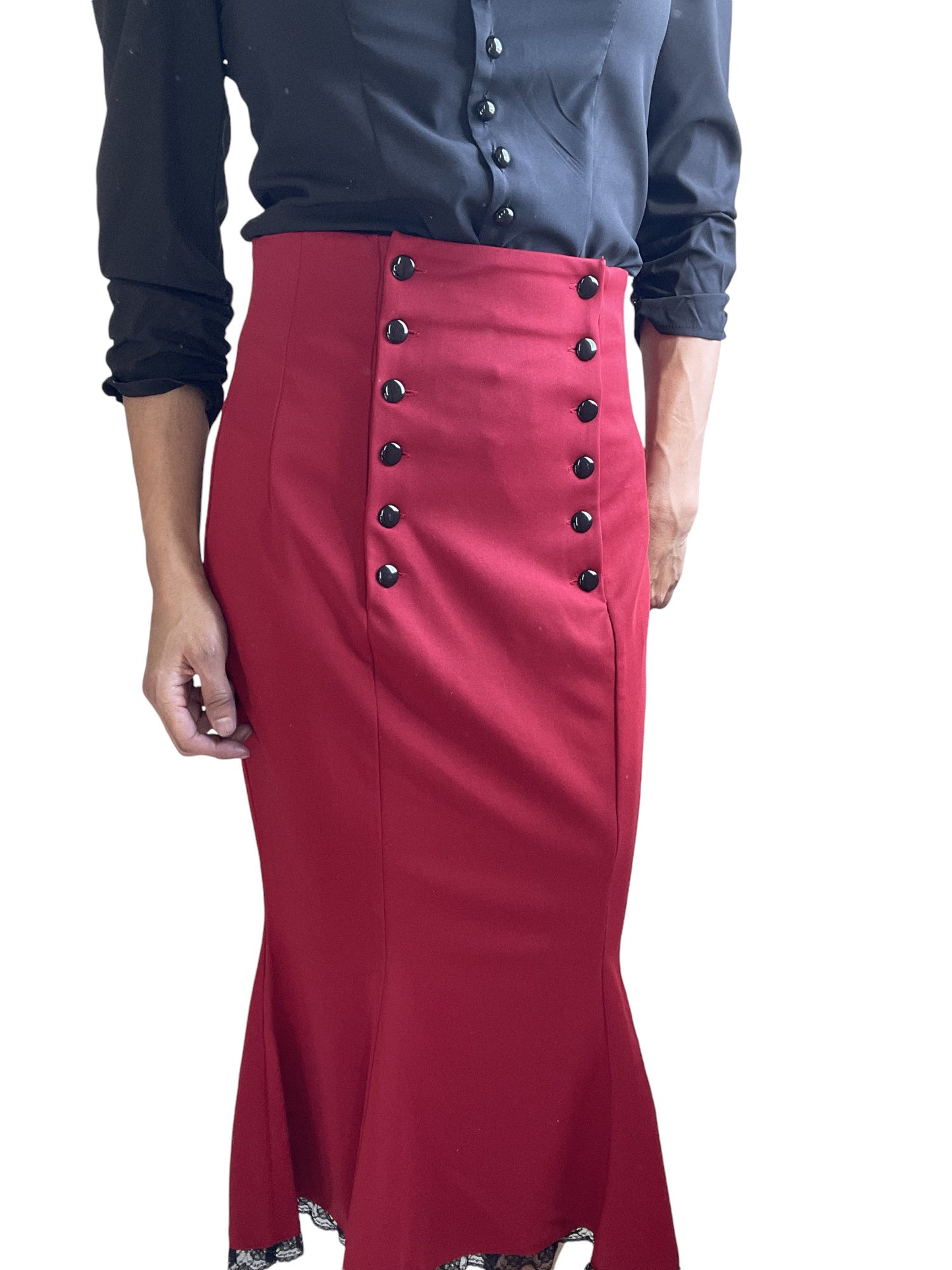 Vintage Style Retro Sailor Double Button Red Peplum Pencil Midi Skirt - 1950s Red High Waist Wiggle Skirt Plus size