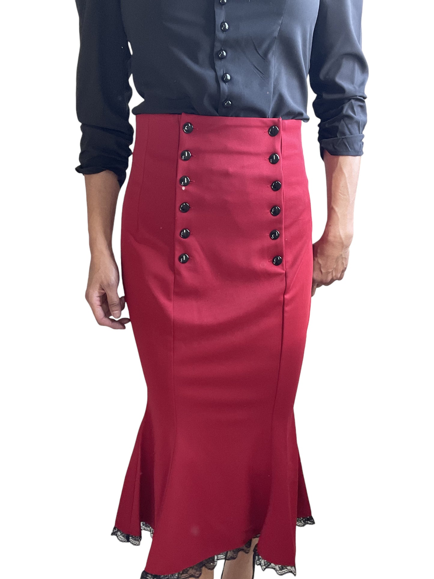 Vintage Style Retro Sailor Double Button Red Peplum Pencil Midi Skirt - 1950s Red High Waist Wiggle Skirt Plus size