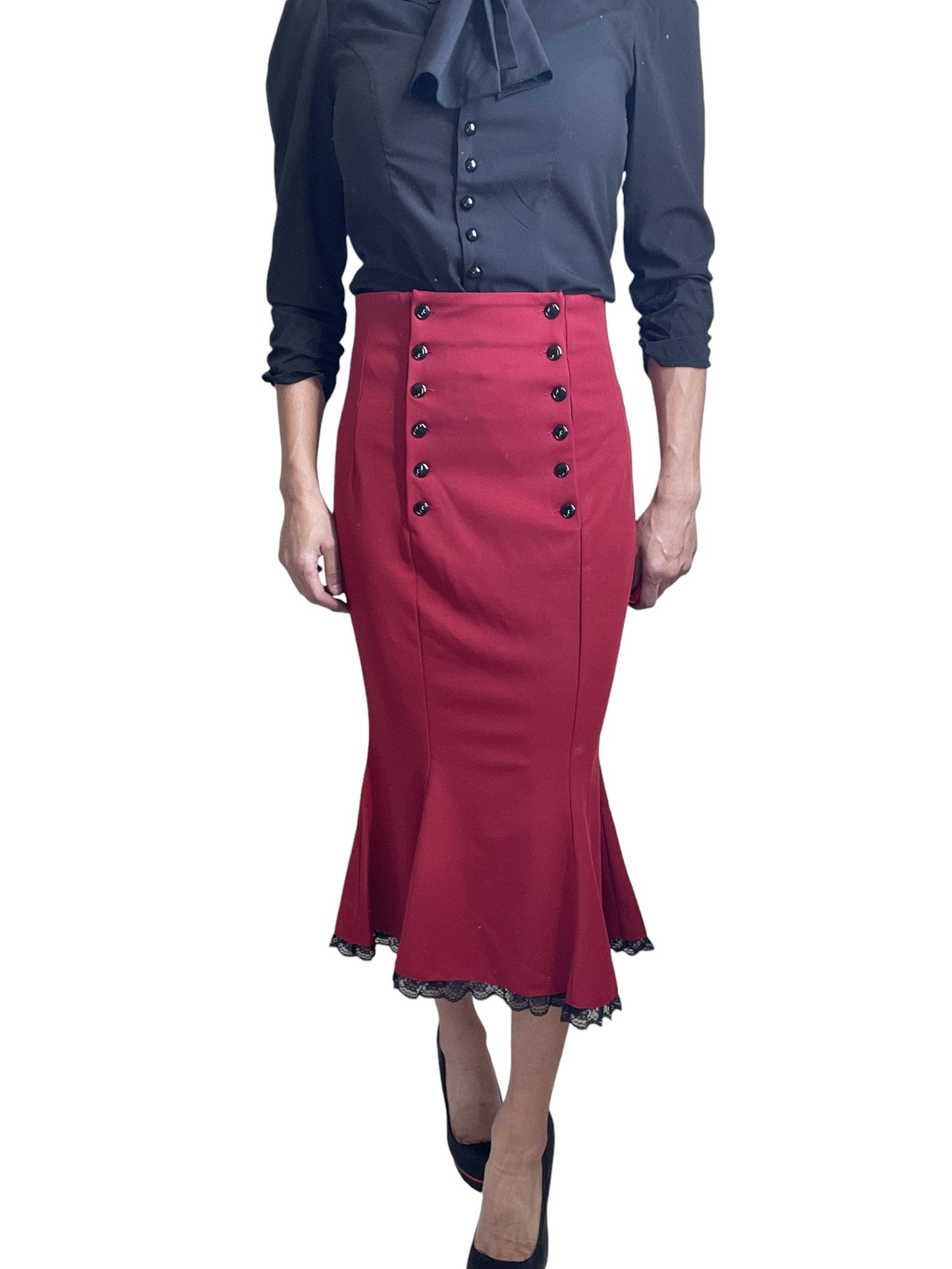 Vintage Style Retro Sailor Double Button Red Peplum Pencil Midi Skirt - 1950s Red High Waist Wiggle Skirt Plus size