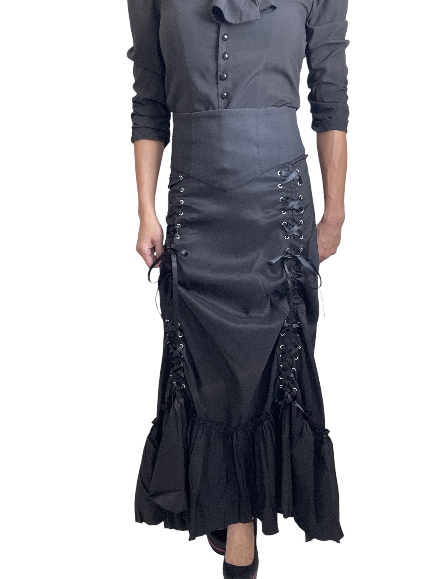 Gothic Victorian Steampunk 3-Way Black Corset Maxi Gown Skirt Long Adjustable - Skelapparel