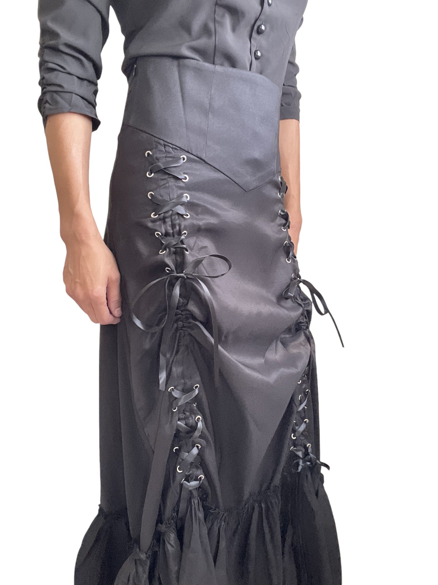 Gothic Victorian Steampunk 3-Way Black Corset Maxi Gown Skirt Long Adjustable - Skelapparel