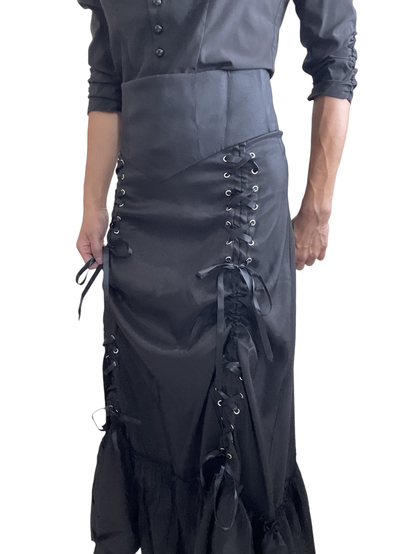 Gothic Victorian Steampunk 3-Way Black Corset Maxi Gown Skirt Long Adjustable - Skelapparel
