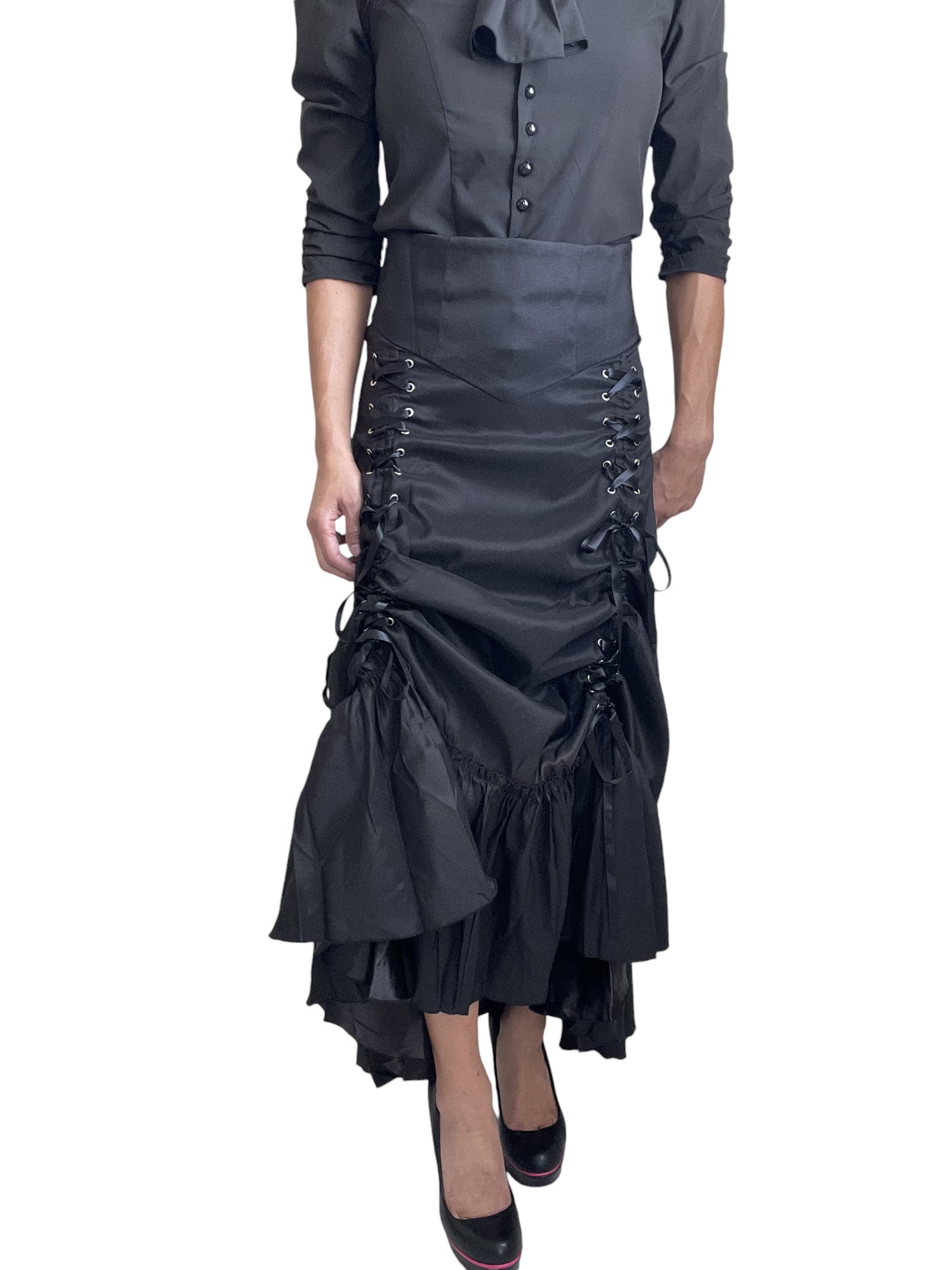 Gothic Victorian Steampunk 3-Way Black Corset Maxi Gown Skirt Long Adjustable - Skelapparel
