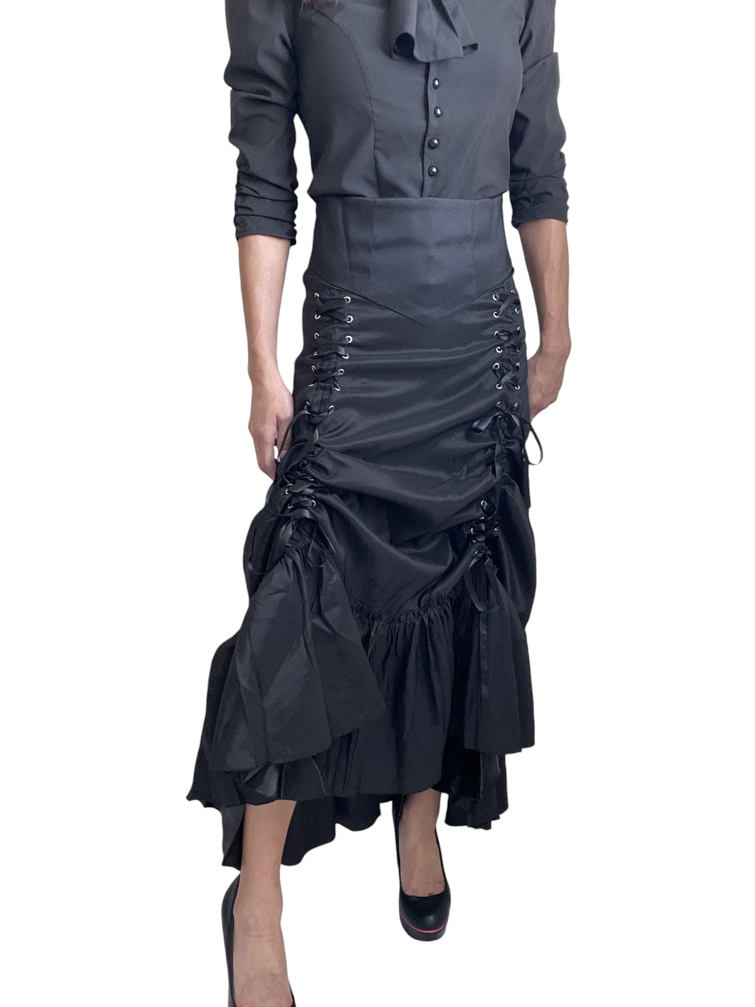 Gothic Victorian Steampunk 3-Way Black Corset Maxi Gown Skirt Long Adjustable - Skelapparel