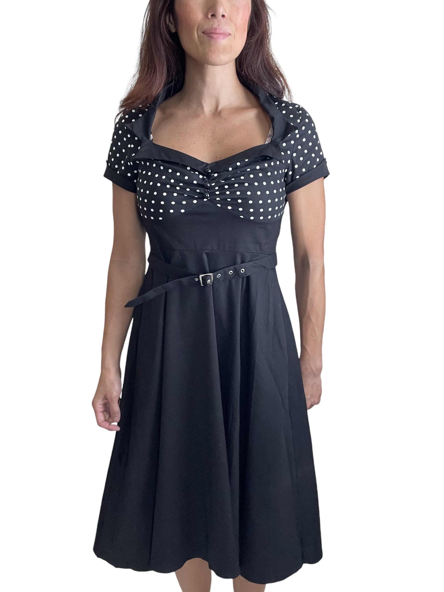 60s flare dress Hell Bunny 60's Black and White Polka Dot Halter Flare Party Dress, S / Black