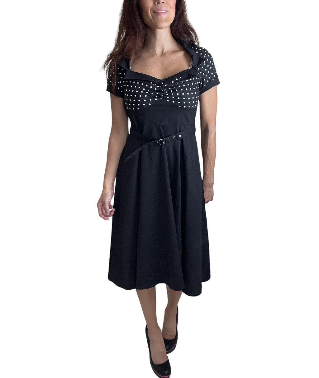 60s Vintage Retro Polka Dot Flare Party Dress – Two-Tone High Waist, Plus Sizes Available - Skelapparel