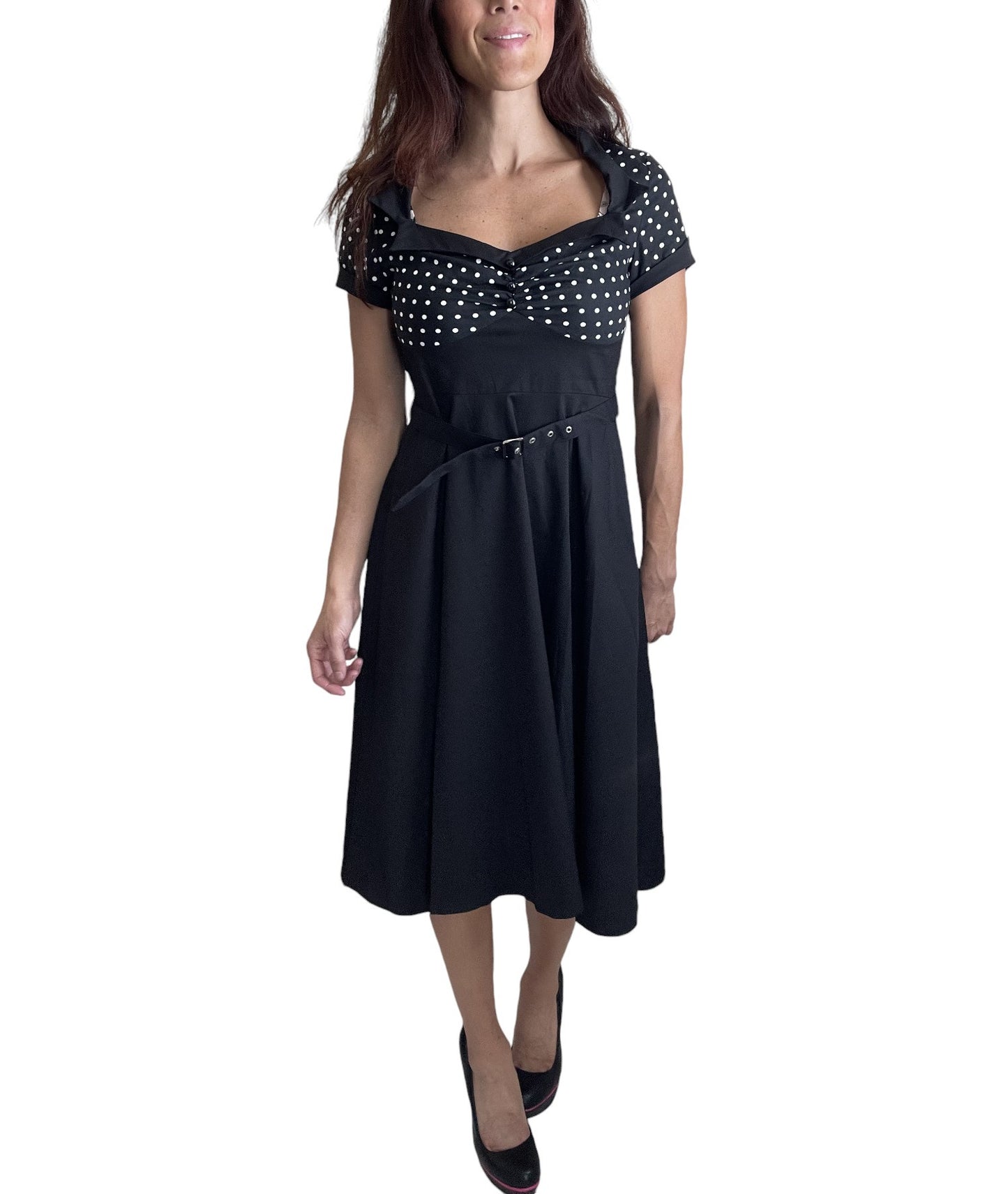 60s Vintage Retro Polka Dot Flare Party Dress – Two-Tone High Waist, Plus Sizes Available