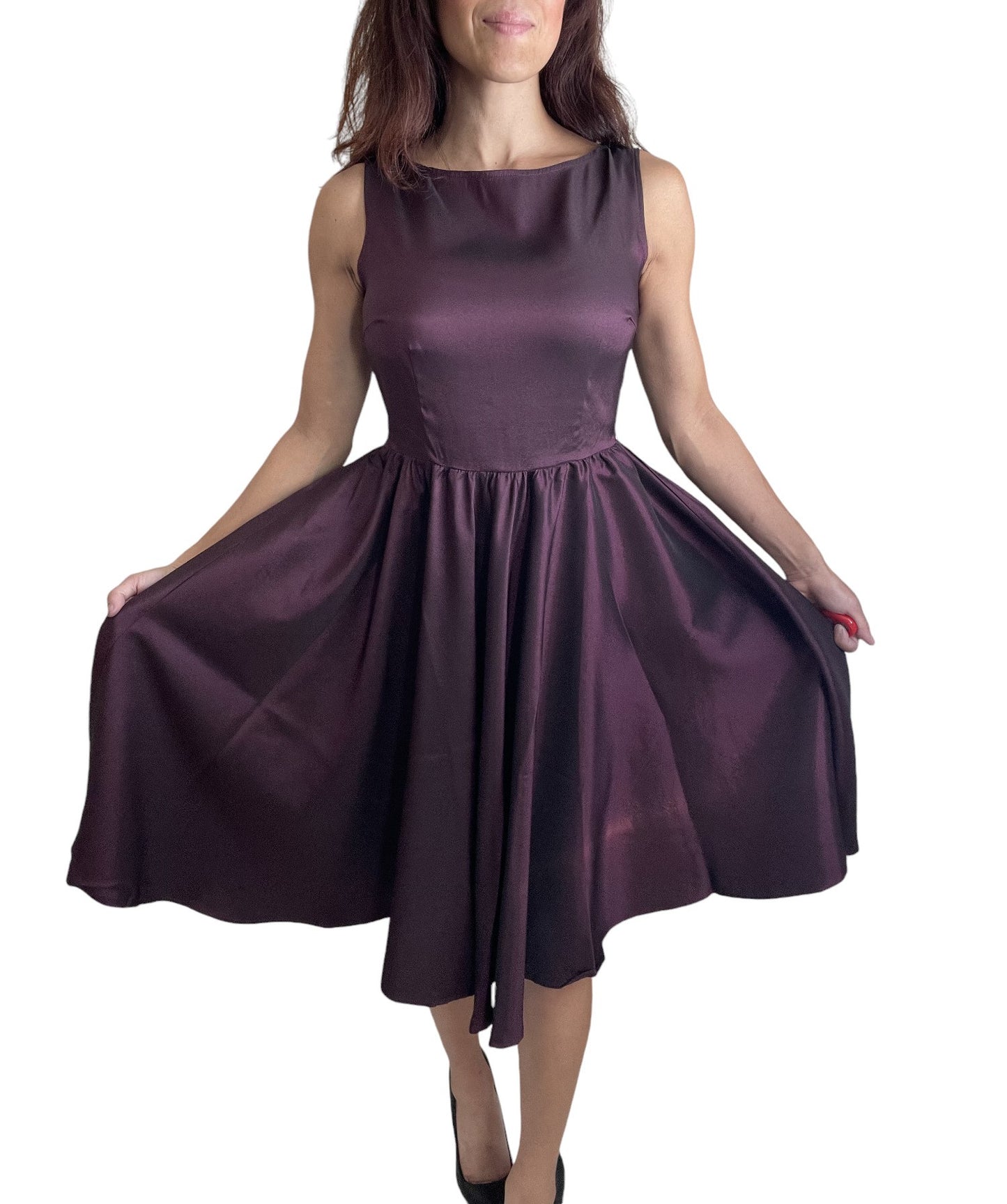 Vintage Purple Satin Flare Dress – Elegant Bateau Neckline, Sleeveless Swing Skirt with Waist Belt
