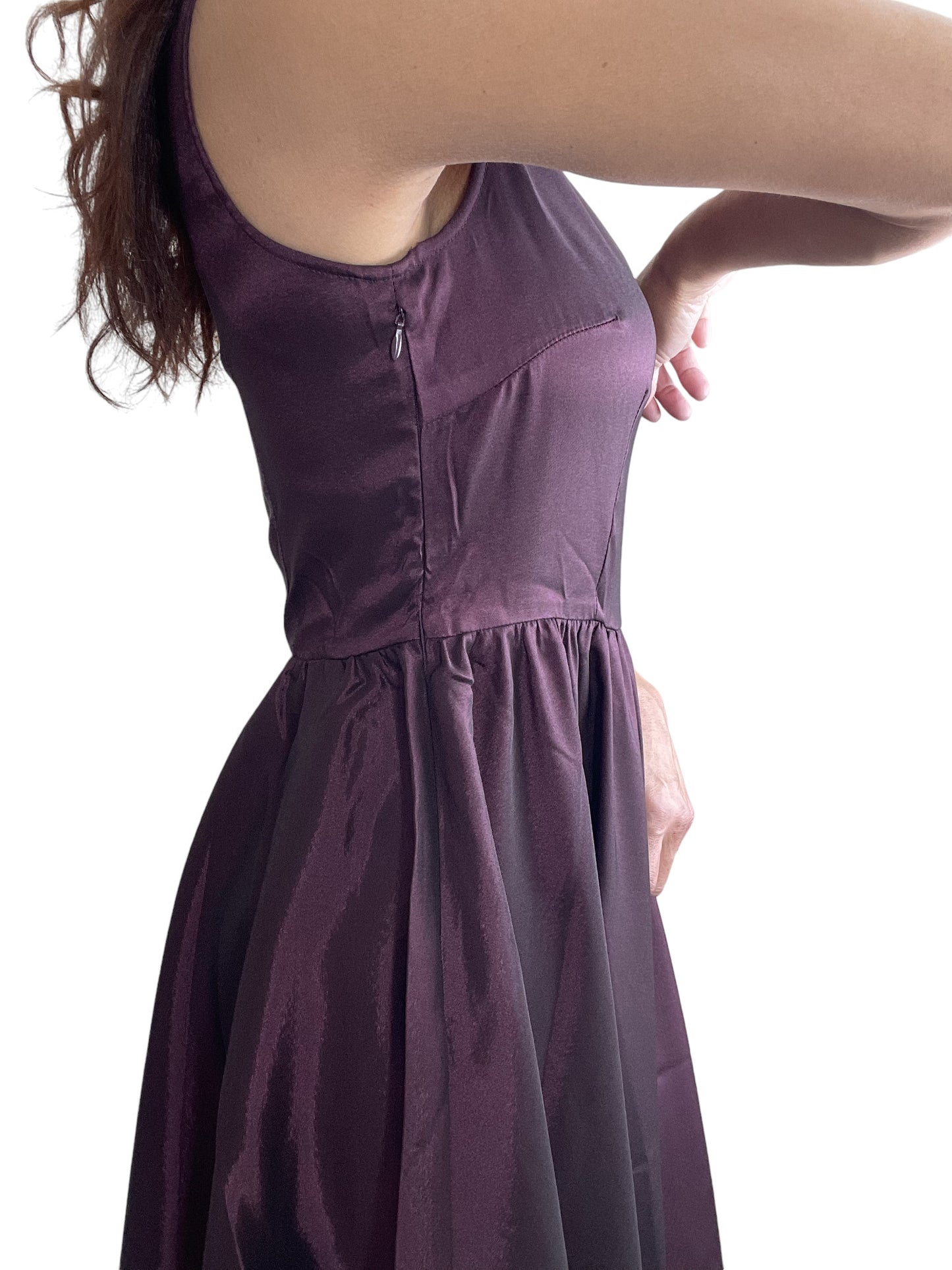 Vintage Purple Satin Flare Dress – Elegant Bateau Neckline, Sleeveless Swing Skirt with Waist Belt