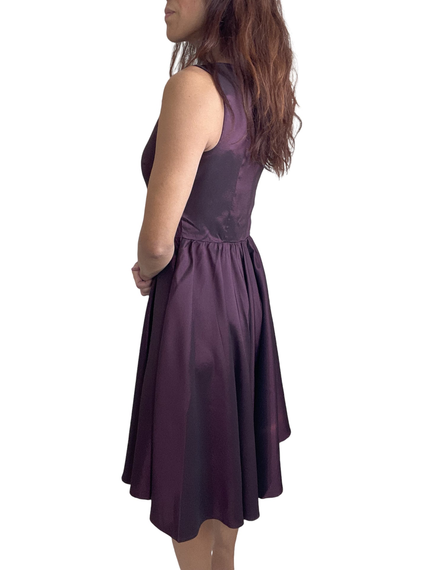 Vintage Purple Satin Flare Dress – Elegant Bateau Neckline, Sleeveless Swing Skirt with Waist Belt