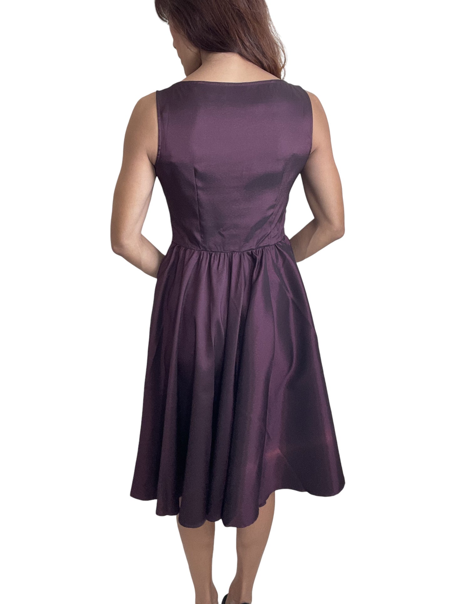 Vintage Purple Satin Flare Dress – Elegant Bateau Neckline, Sleeveless Swing Skirt with Waist Belt