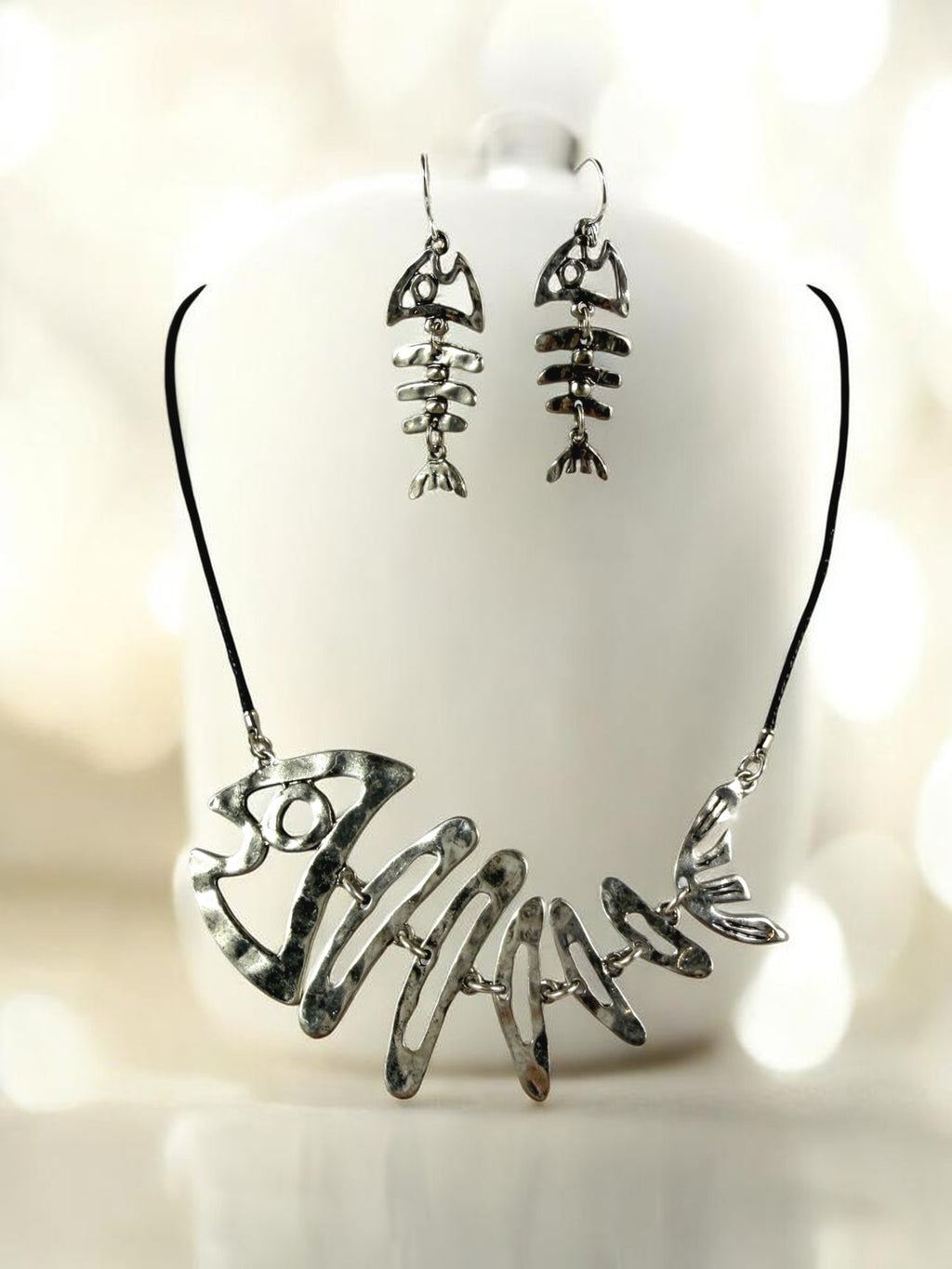 Fishbone Necklace Earrings Set Skeleton Fish Bone Boho Hammered Silver Statement