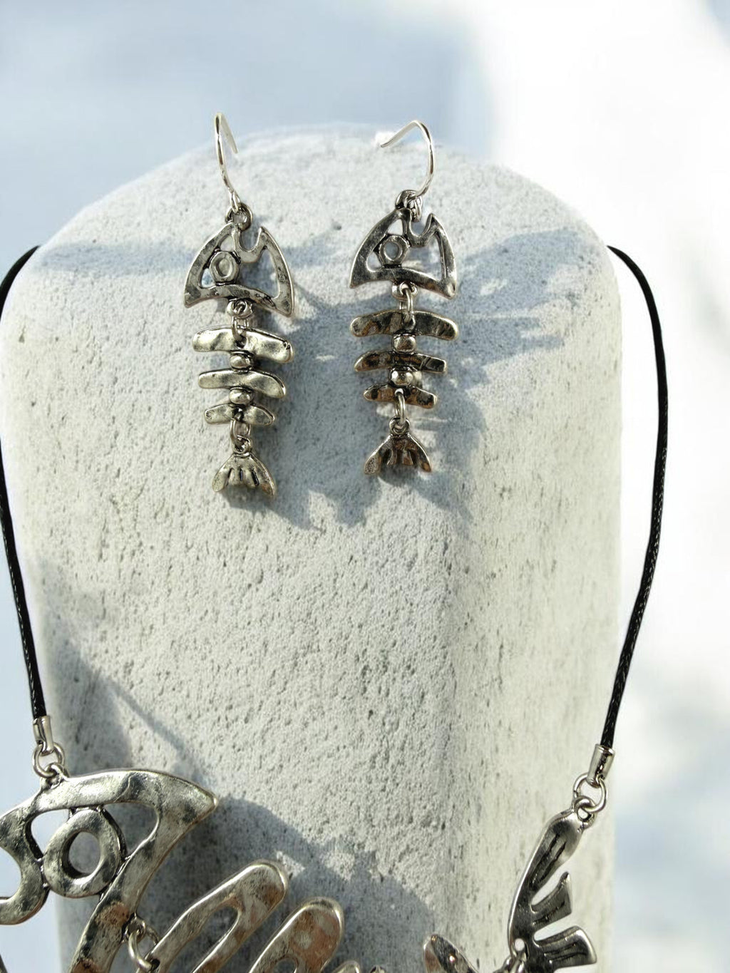 Fishbone Necklace Earrings Set Skeleton Fish Bone Boho Hammered Silver Statement