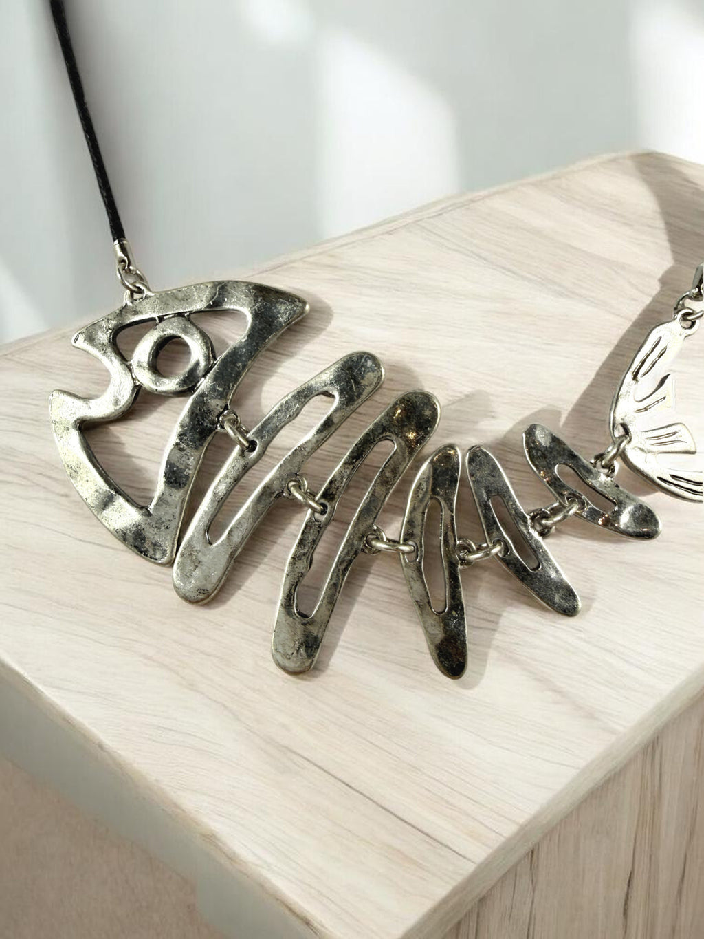 Fishbone Necklace Earrings Set Skeleton Fish Bone Boho Hammered Silver Statement