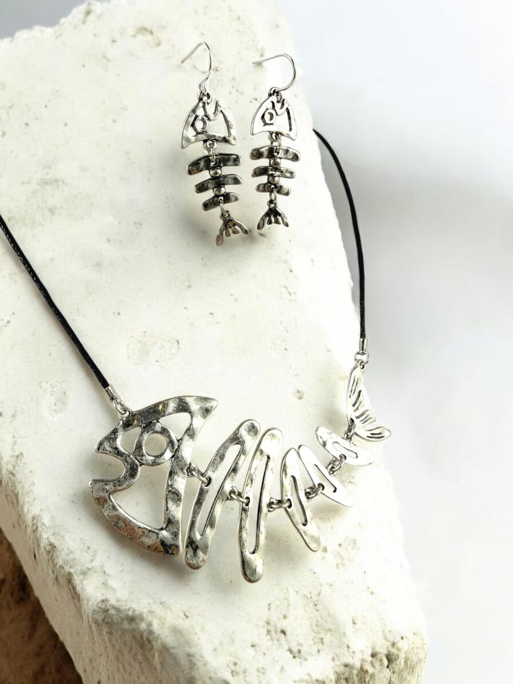 Fishbone Necklace Earrings Set Skeleton Fish Bone Boho Hammered Silver Statement