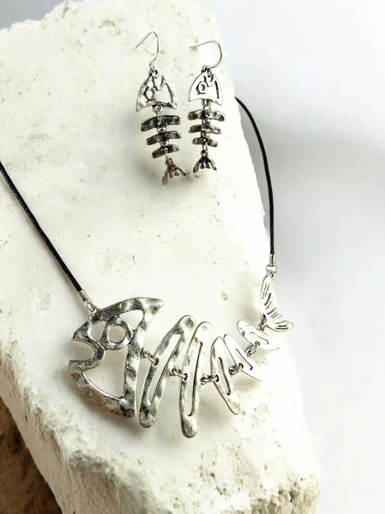 Fishbone Necklace Earrings Set Skeleton Fish Bone Boho Hammered Silver Statement