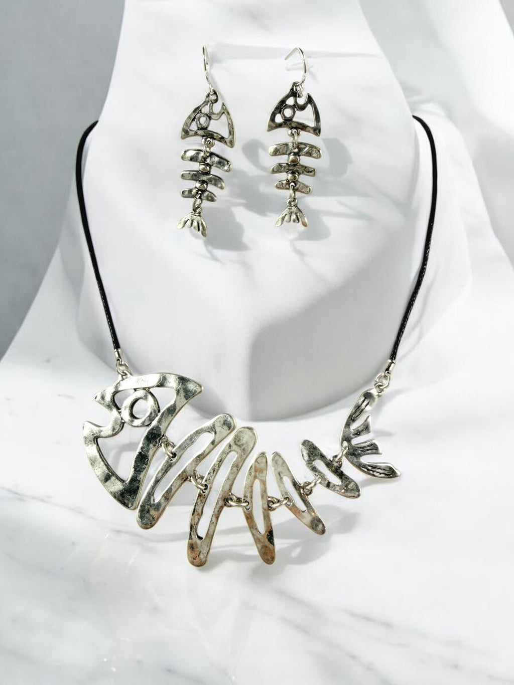 Fishbone Necklace Earrings Set Skeleton Fish Bone Boho Hammered Silver Statement