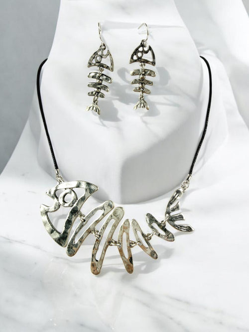 Fishbone Necklace Earrings Set Skeleton Fish Bone Boho Hammered Silver Statement