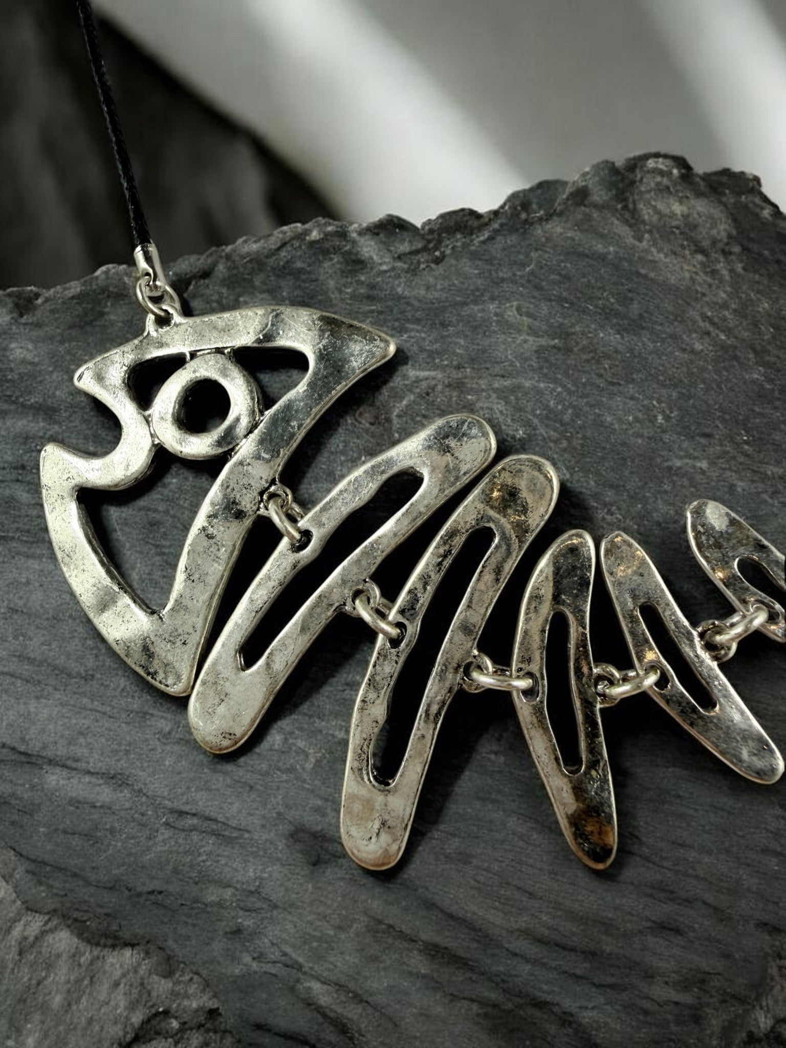 Fishbone Necklace Earrings Set Skeleton Fish Bone Boho Hammered Silver Statement