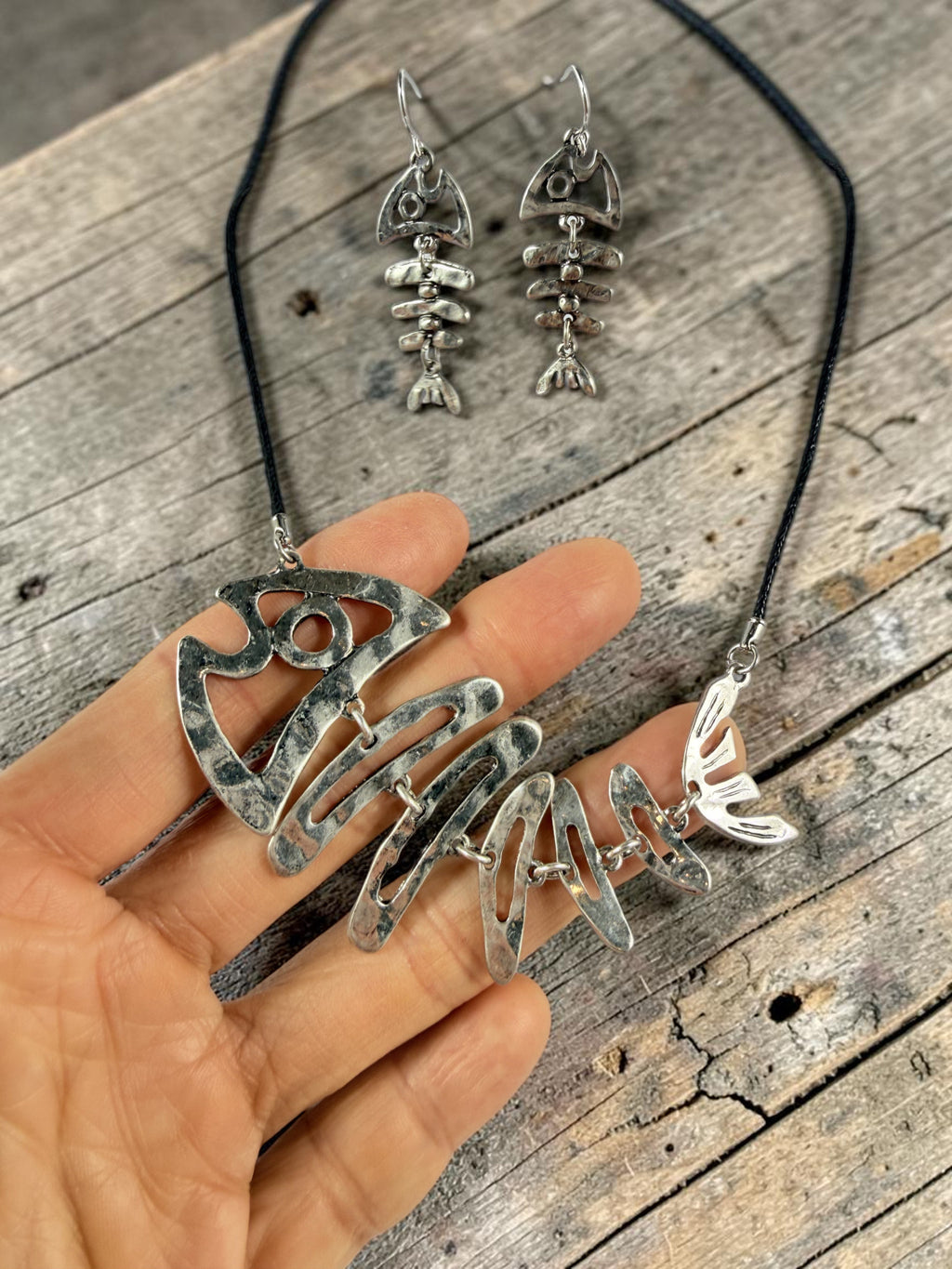 Fishbone Necklace Earrings Set Skeleton Fish Bone Boho Hammered Silver Statement