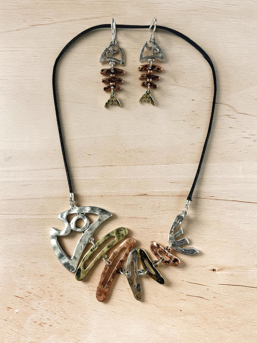 Fishbone Necklace Earrings Set Skeleton Fish Bone Boho Hammered Silver Statement