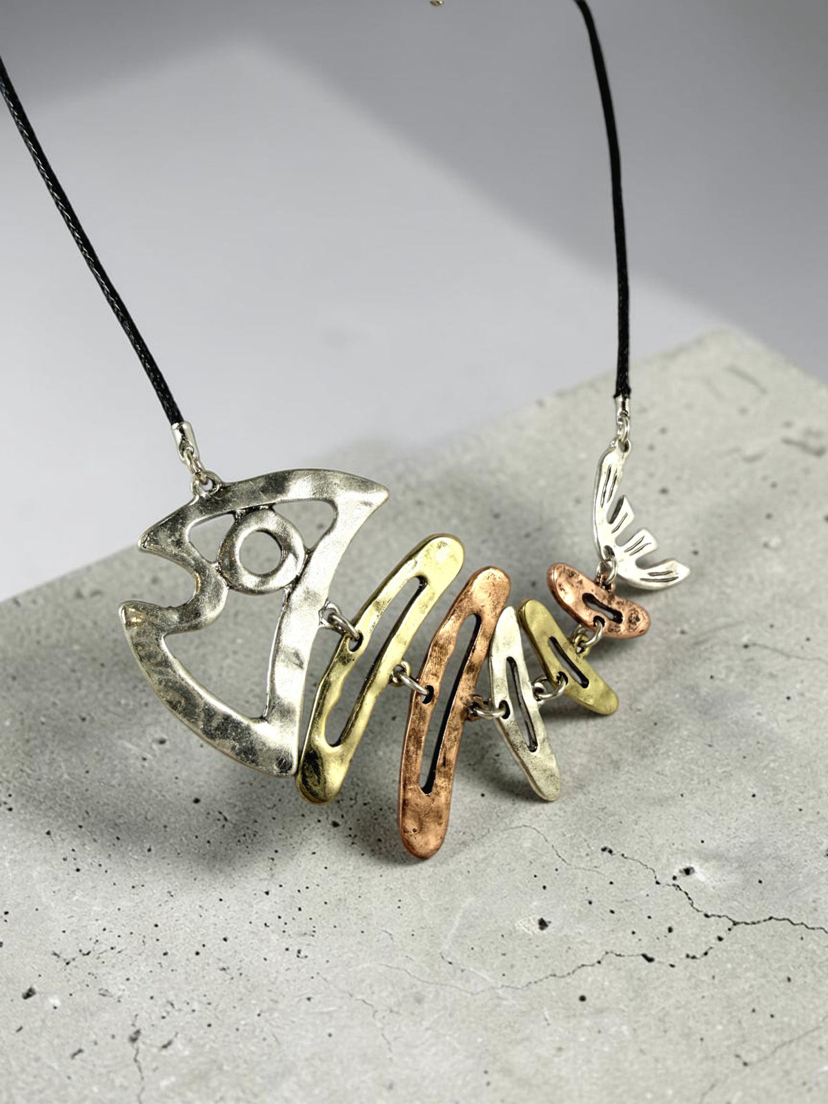 Fishbone Necklace Earrings Set Skeleton Fish Bone Boho Hammered Silver Statement