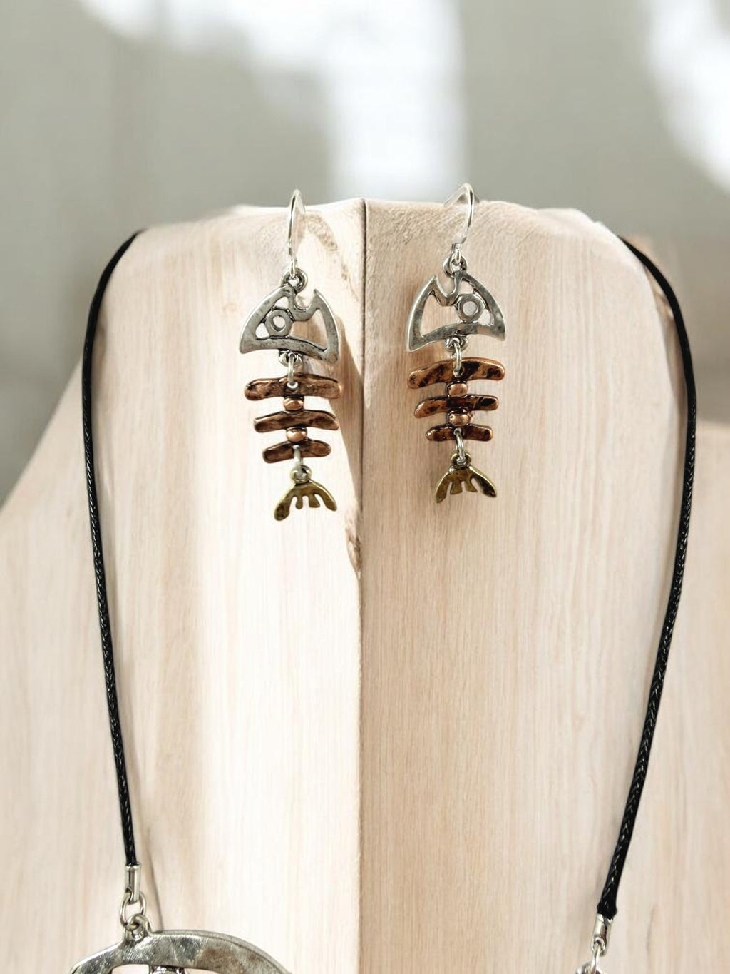 Fishbone Necklace Earrings Set Skeleton Fish Bone Boho Hammered Silver Statement