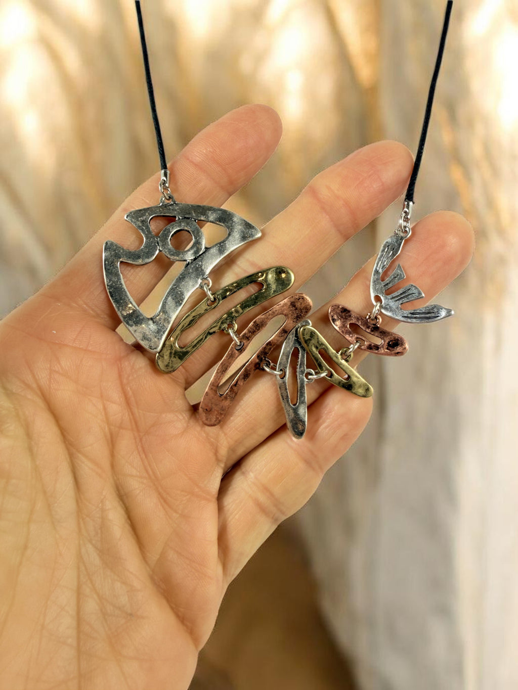 Fishbone Necklace Earrings Set Skeleton Fish Bone Boho Hammered Silver Statement