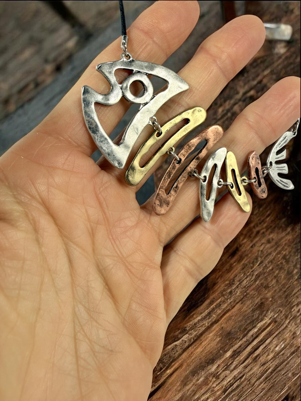 Fishbone Necklace Earrings Set Skeleton Fish Bone Boho Hammered Silver Statement