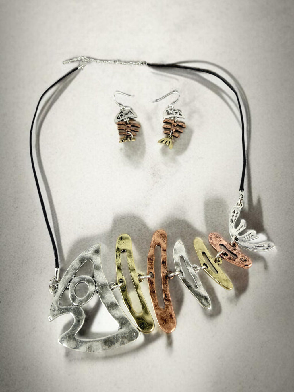 Fishbone Necklace Earrings Set Skeleton Fish Bone Boho Hammered Silver Statement