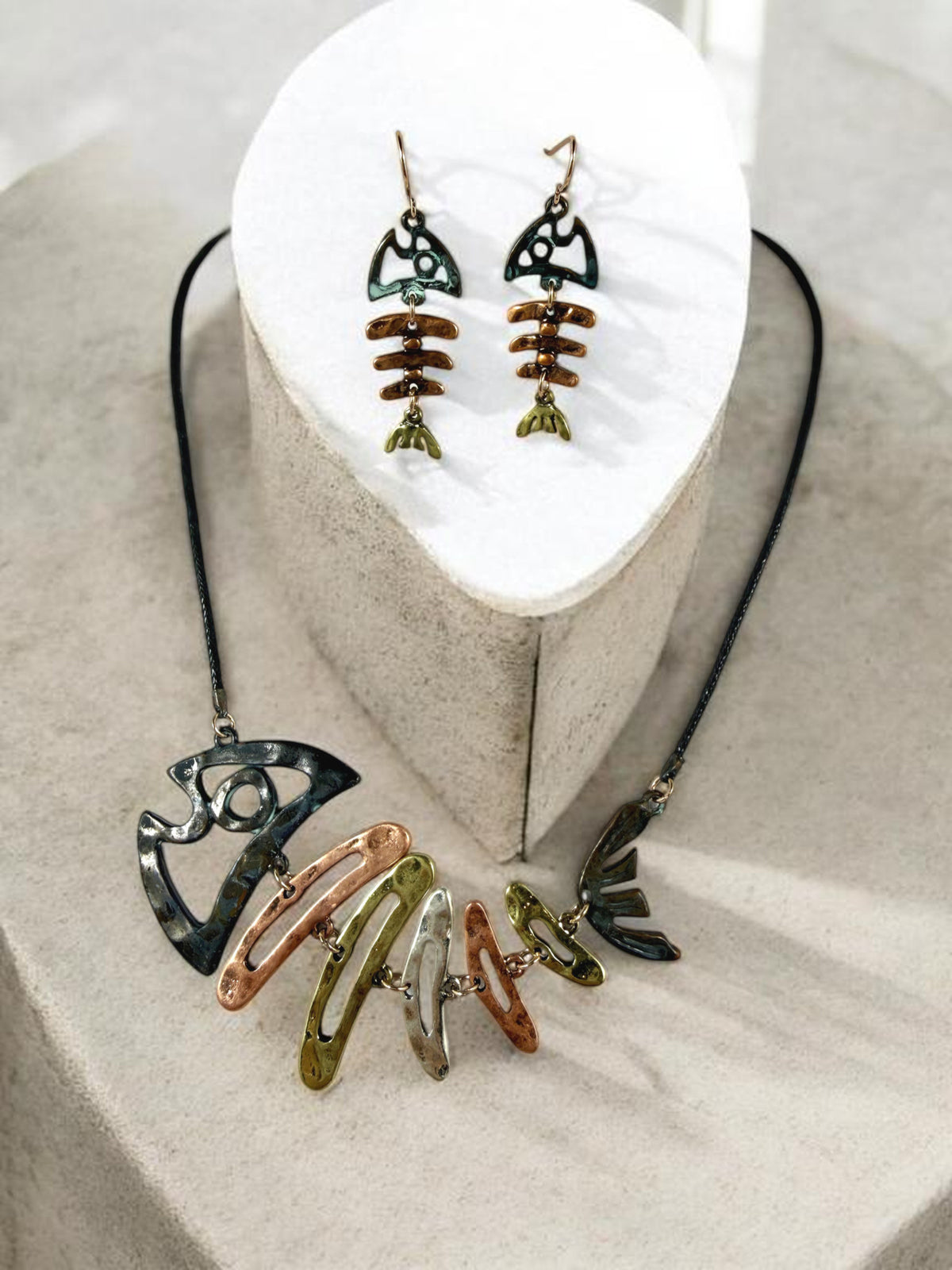 Fishbone Necklace Earrings Set Skeleton Fish Bone Boho Hammered Silver Statement