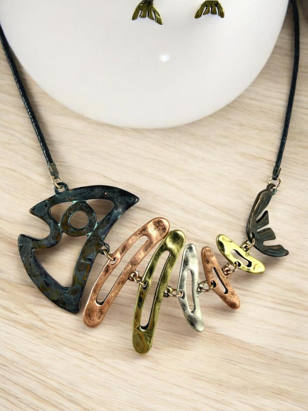 Fishbone Necklace Earrings Set Skeleton Fish Bone Boho Hammered Silver Statement