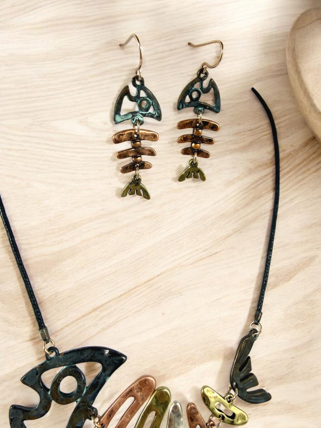Fishbone Necklace Earrings Set Skeleton Fish Bone Boho Hammered Silver Statement
