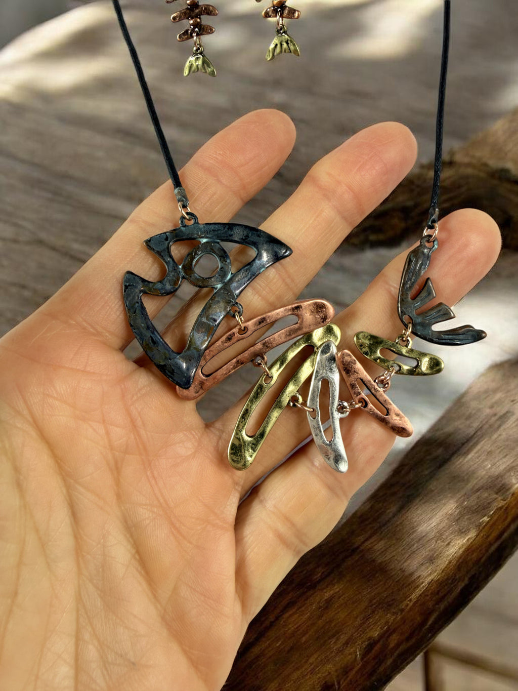 Fishbone Necklace Earrings Set Skeleton Fish Bone Boho Hammered Silver Statement