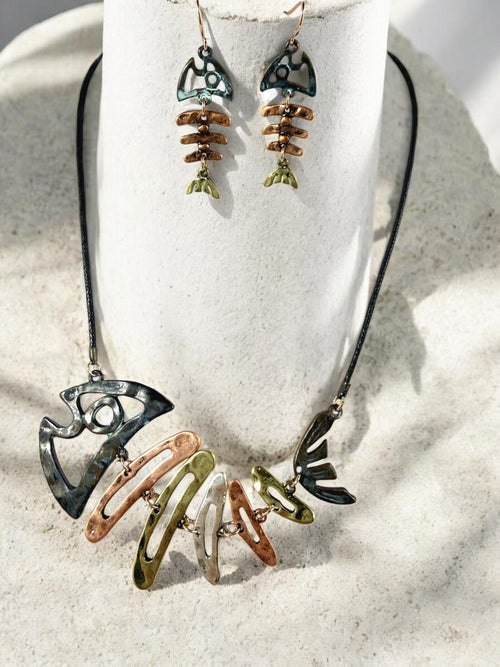 Fishbone Necklace Earrings Set Skeleton Fish Bone Boho Hammered Silver Statement