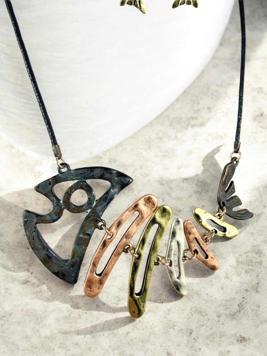 Fishbone Necklace Earrings Set Skeleton Fish Bone Boho Hammered Silver Statement