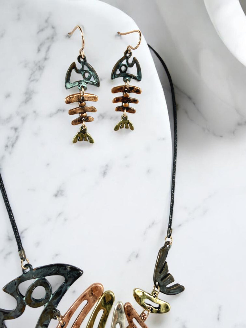 Fishbone Necklace Earrings Set Skeleton Fish Bone Boho Hammered Silver Statement