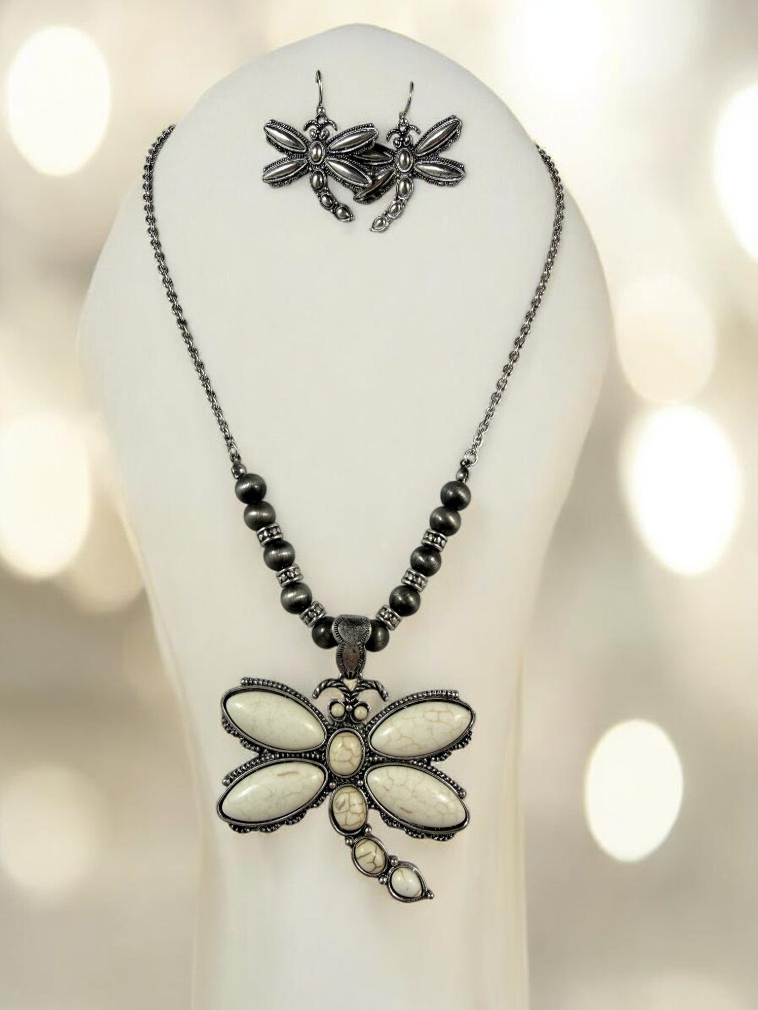 Dragonfly Necklace Earring Set Silver Tone Howlite Faux Turquoise Nature Gift