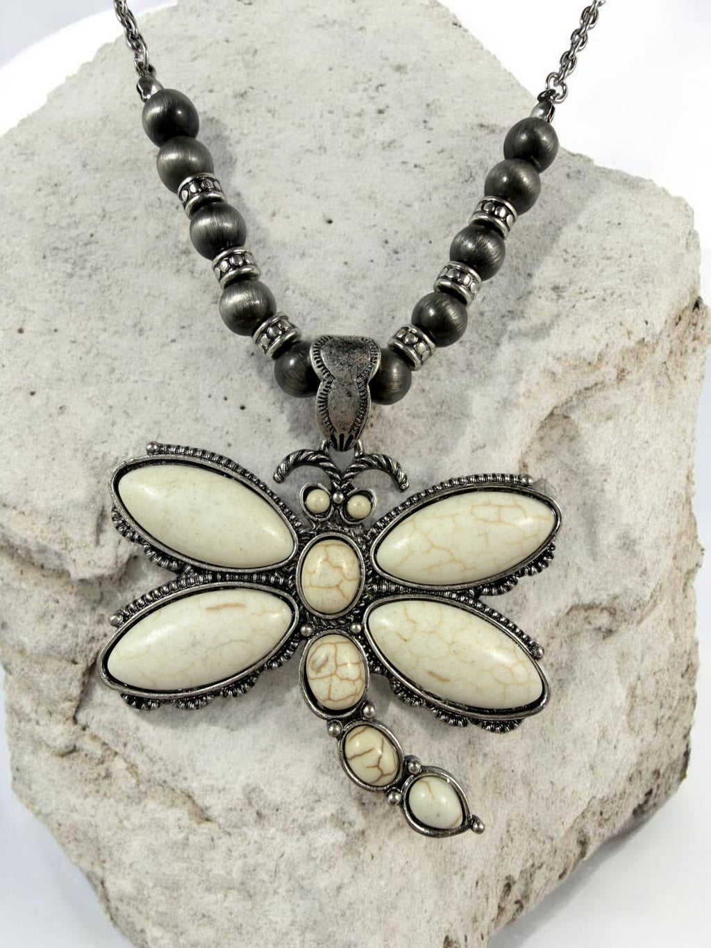 Dragonfly Necklace Earring Set Silver Tone Howlite Faux Turquoise Nature Gift