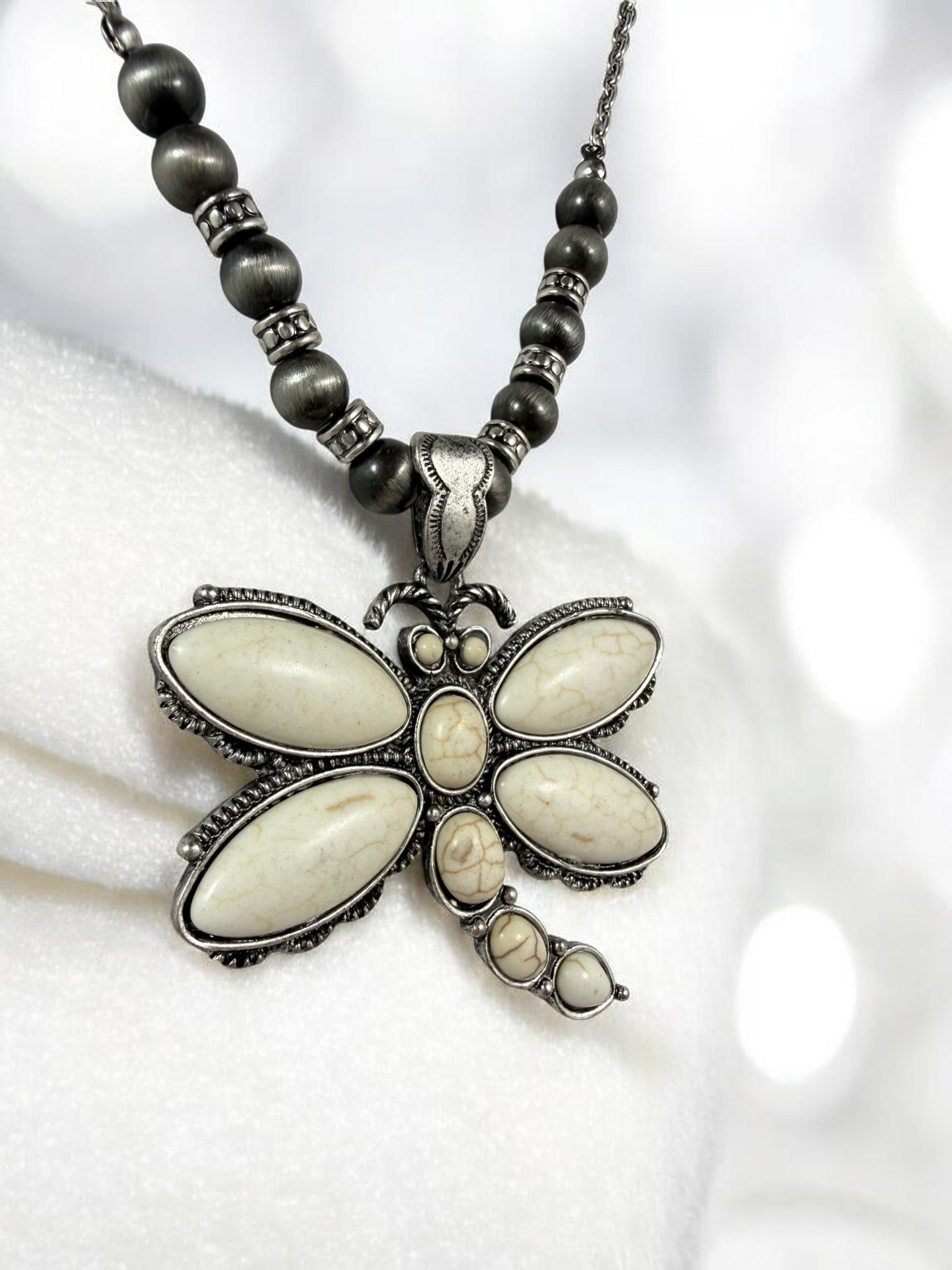 Dragonfly Necklace Earring Set Silver Tone Howlite Faux Turquoise Nature Gift